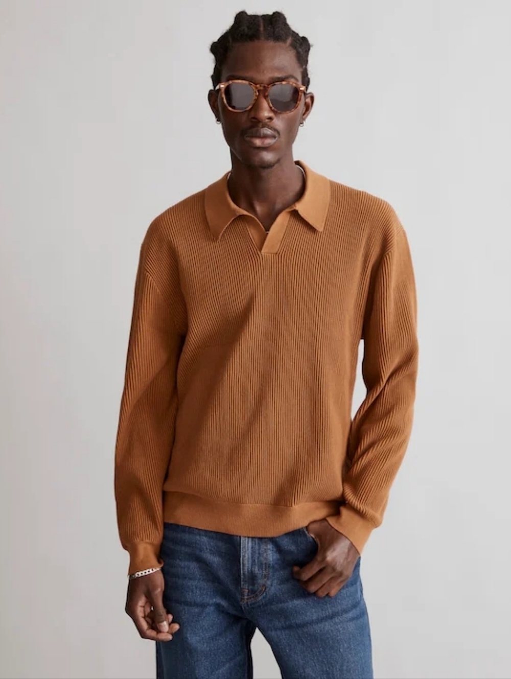 MADEWELL Johnny-Collar Ribbed Long-Sleeve Sweater Polo Pullover L